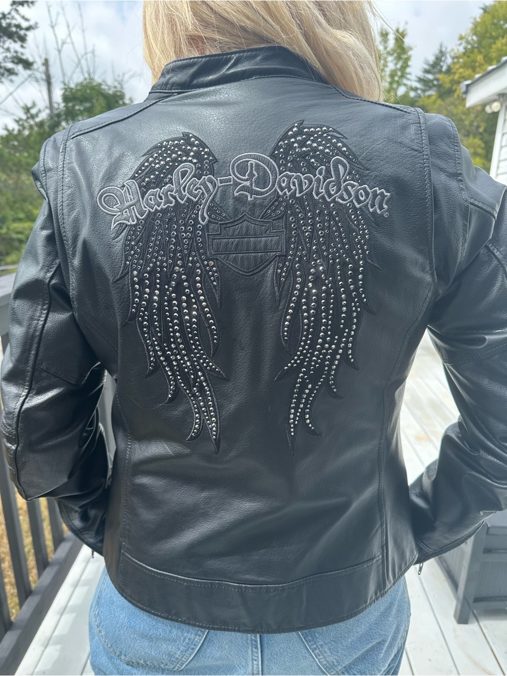 Harley‑Davidson Women's Black Embroidered Studded Wing Leather Jacket Large.